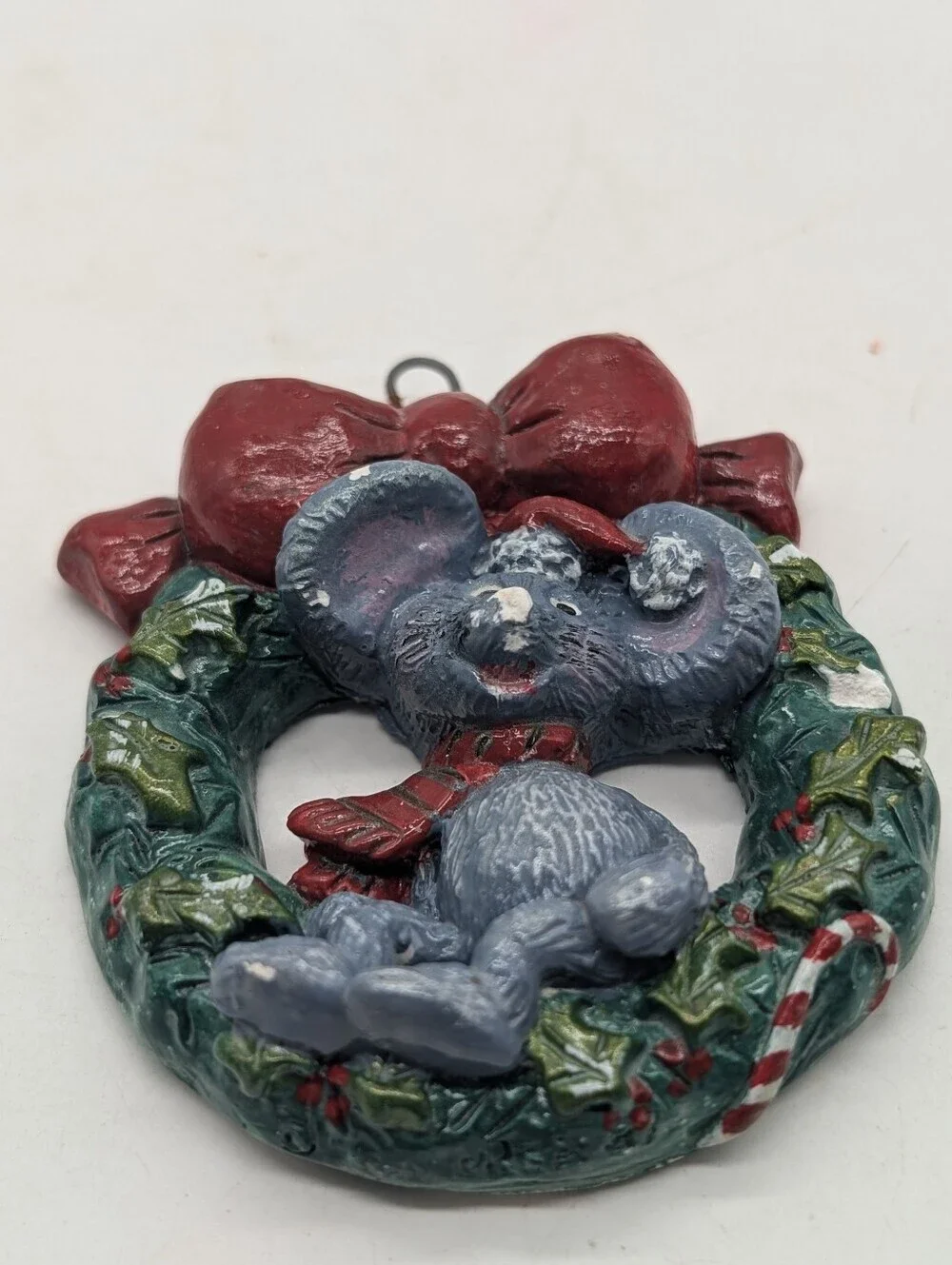 VTG Whimsical Christmas Mouse Holly Wreath Ornament Hand Painted Kitsch Retro